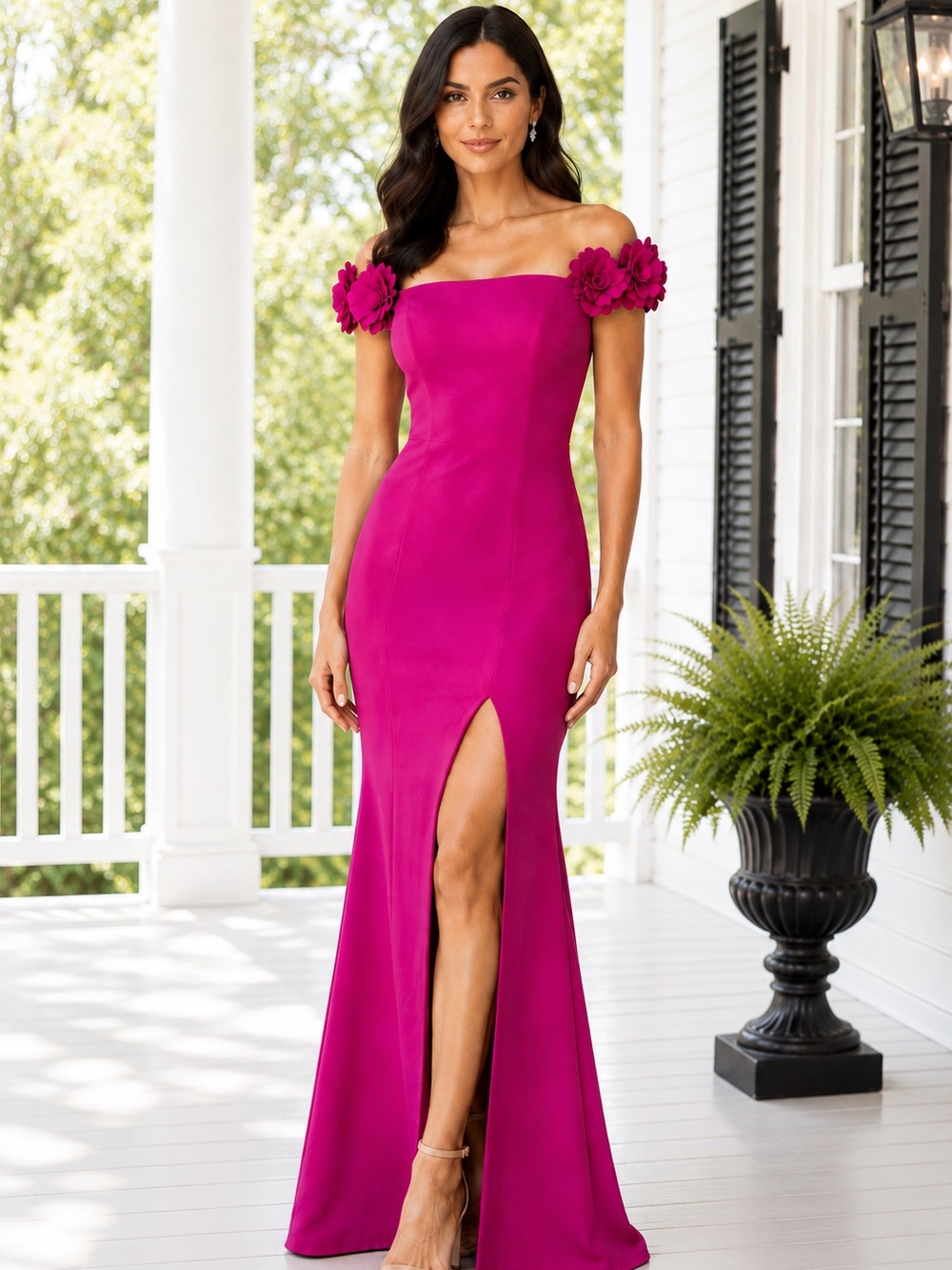 XSCAPE Off Shoulder Floral Scuba Crepe Gown Fuchsia Slit Dress Sz 2 MSRP $299